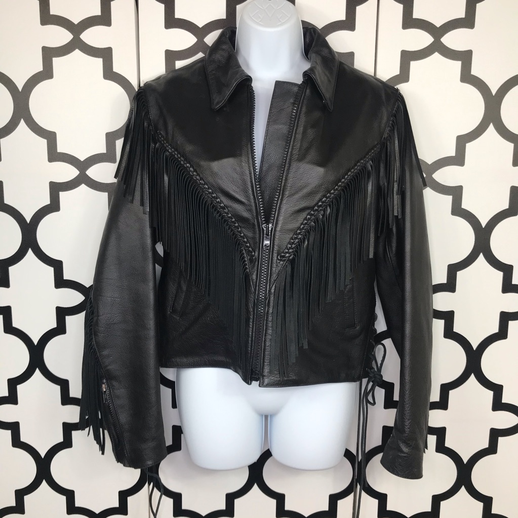 Wilsons Leather Black Leather Fringe Utility Jacket With Braided Detail